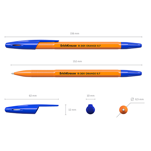 Ручка шариковая " Erich Krause " R-301 Orange Stick синяя 0,7мм, шестигранная, рифленый держатель, о
