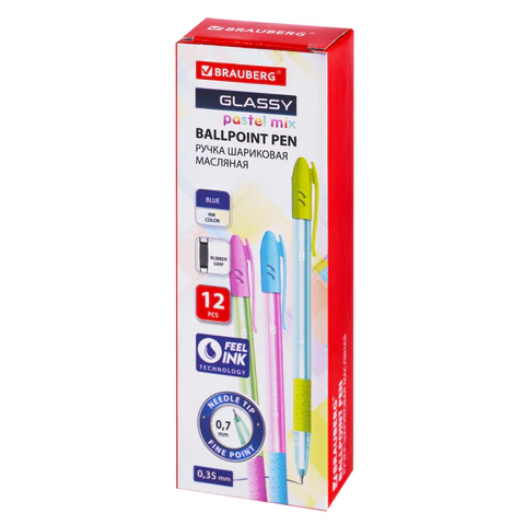 Ручка шариковая масляная с грипом BRAUBERG GLASSY PASTEL MIX, СИНЯЯ, корпус ассорти, линия 0,35 мм