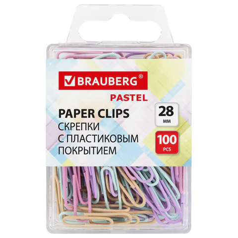 Скрепки BRAUBERG PASTEL, 28 мм, пастельные цвета, 100 шт., в пластиковой коробке