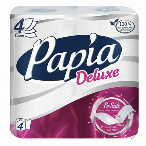 Бумага туалетная быт., спайка 4 шт., 4-слойная (4х16 м), PAPIA DELUXE, белая