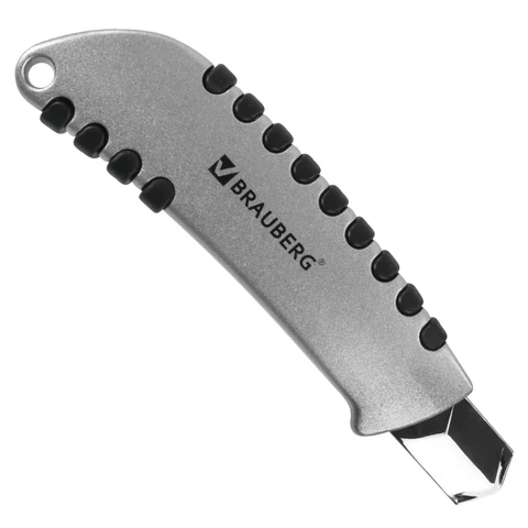 Нож канцелярский 18 мм BRAUBERG "Metallic", роликовый фиксатор, резиновые вставки, металл