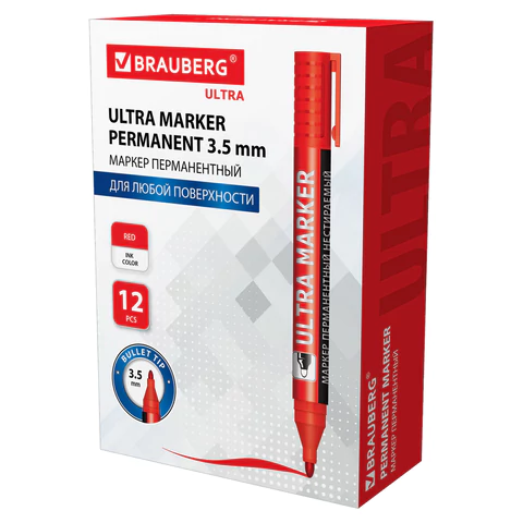 Маркер перманентный ULTRA MARKER, КРАСНЫЙ, 3,5 мм, с клипом, BRAUBERG