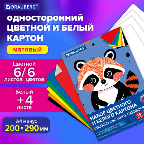 Набор картона БЕЛЫЙ+ЦВЕТНОЙ А4 немелованный, 10л. (белый 4л + цветной 6л), в папке, BRAUBERG
