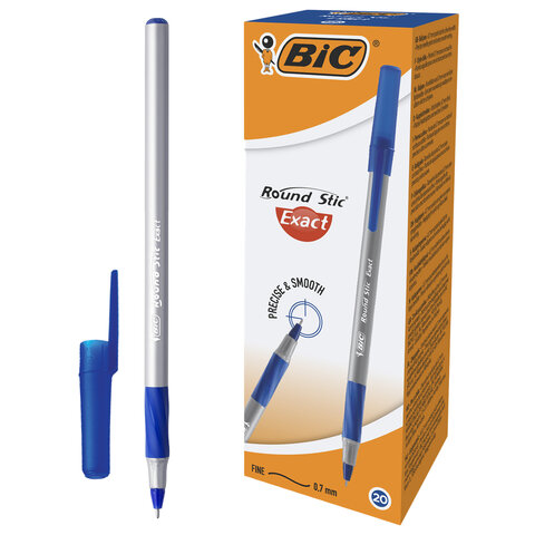 Ручка шариковая с грипом BIC "Round Stic Exact", СИНЯЯ, корпус серый, узел 0,7 мм, линия письма 0,3
