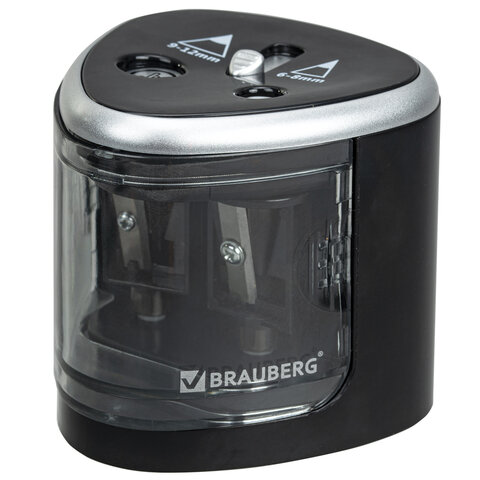 Точилка электрическая BRAUBERG DUAL (для 2 диаметров карандашей!), 4 батарейки АА, черная