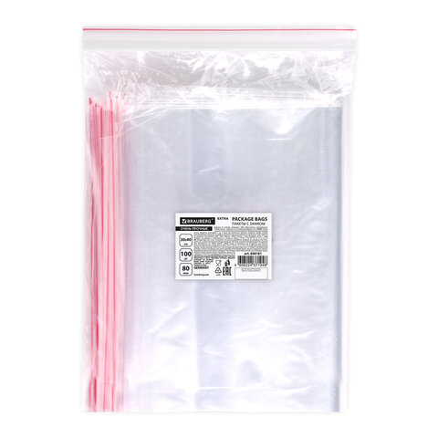 Пакеты ZIP LOCK "зиплок" ОЧЕНЬ ПРОЧНЫЕ, комплект 100 шт., 300х400 мм, ПВД 80 мкм, BRAUBERG EXTRA, 60