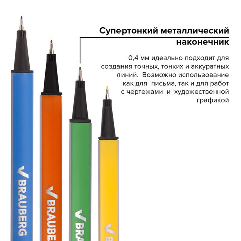 Набор капиллярных ручек (линеров) BRAUBERG 12 шт., АССОРТИ, "Aero", трехгранные, металлический након