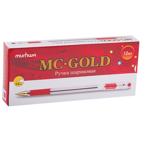 Ручка шариковая масляная с грипом MUNHWA "MC Gold", КРАСНАЯ, корпус прозрачный, узел 0,5 мм