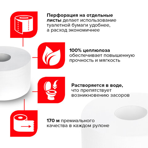 Бумага туалетная 170 м, LAIMA (T2), PREMIUM, 2-слойная, цвет белый, КОМПЛЕКТ 12 рулонов
