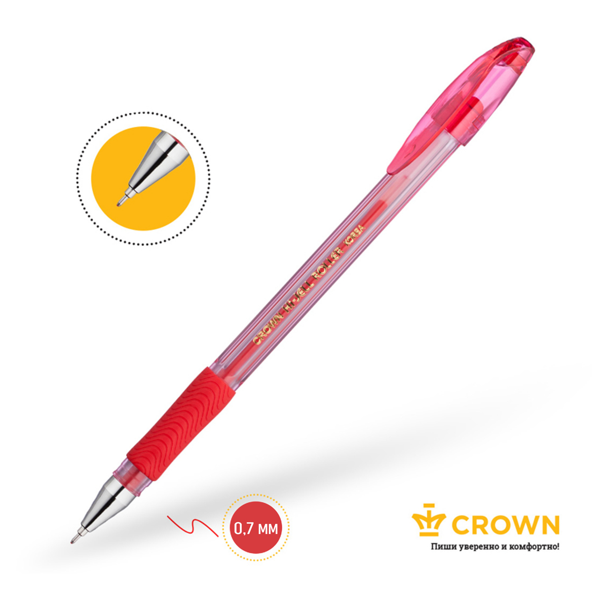 Ручка гелевая Crown "Hi-Jell Needle Grip" красная, 0,7мм, грип, игольчатый стержень