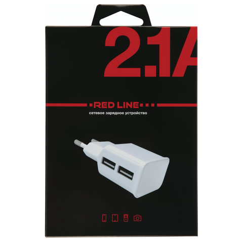 Зарядное устройство сетевое (220 В) RED LINE NT-2A, 2 порта USB, выходной ток 2,1 А, белое