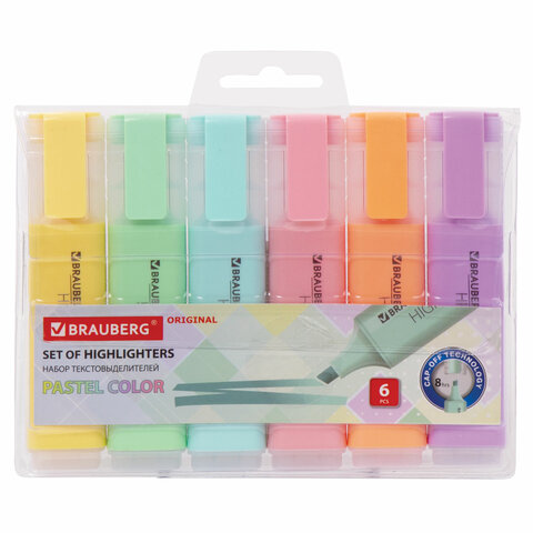Набор текстовыделителей 6 ЦВЕТОВ, BRAUBERG "ORIGINAL PASTEL", линия письма 1-5 мм