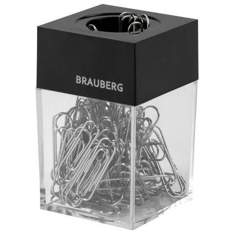 Скрепочница магнитная BRAUBERG со 100 никелированными скрепками 28 мм, прозрачный корпус