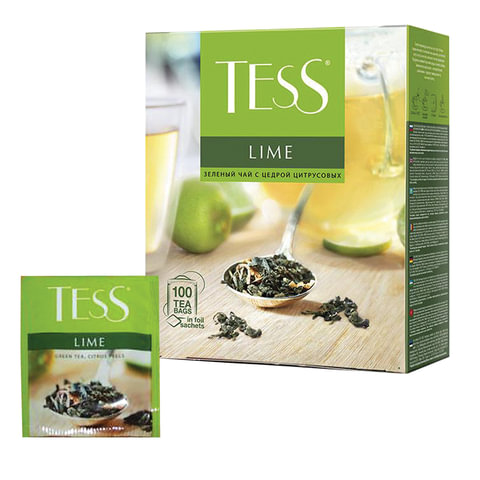 Чай TESS "Lime", зеленый с цедрой цитрусовых, 100 пакетиков по 1,5 г