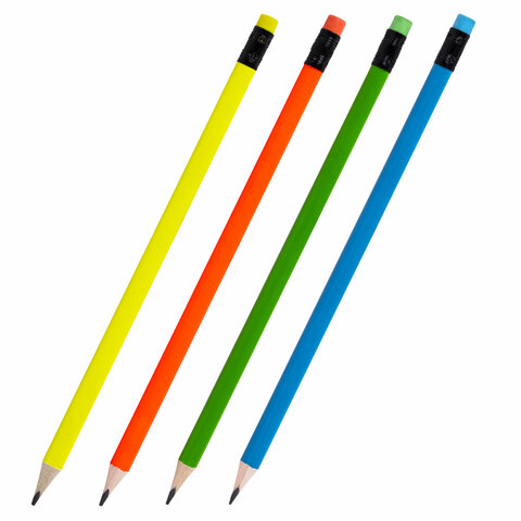 Карандаш чернографитный BRAUBERG, 1 шт., "Neon", HB, трехгранный, с ластиком, корпус неоновый ассорт