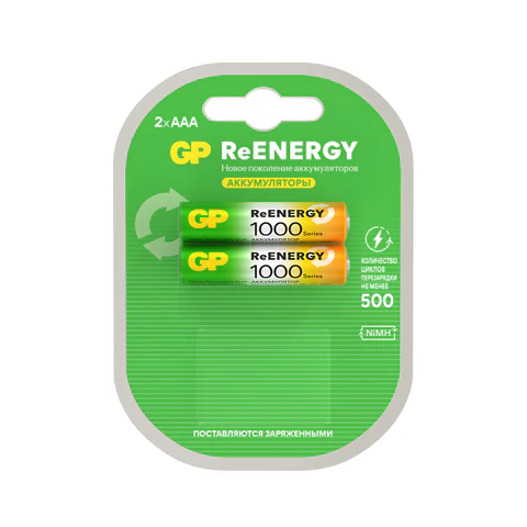 Батарейки аккумуляторные GP ReEnergy Ni-Mh мизинчиковые КОМПЛЕКТ 2 шт., ААА (HR03), 950 mAh, 100AAAH