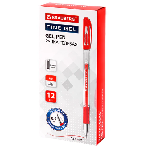 Ручка гелевая с грипом BRAUBERG "Fine Gel", КРАСНАЯ, игольчатый узел 0,5 мм, линия письма 0,35 мм
