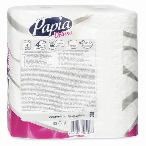 Бумага туалетная быт., спайка 4 шт., 4-слойная (4х16 м), PAPIA DELUXE, белая