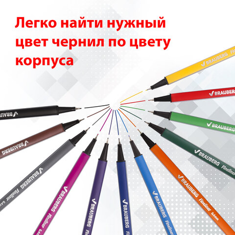 Набор капиллярных ручек (линеров) BRAUBERG 12 шт., АССОРТИ, "Aero", трехгранные, металлический након