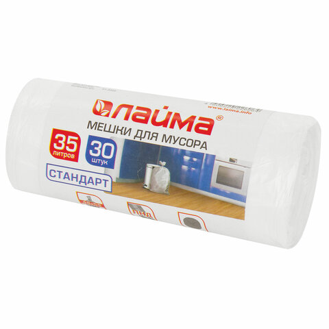 Мешки для мусора 35 л белые в рулоне 30 шт., ПНД 6 мкм, 48х55 см, LAIMA