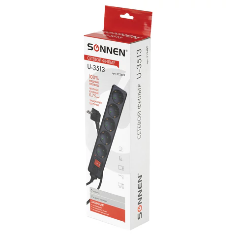 Сетевой фильтр SONNEN U-3513, 5 розеток, с заземлением, выключатель, 10 А, 3 м, черный