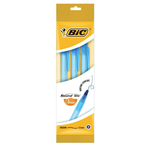 Ручки шариковые BIC "Round Stic", НАБОР 3 шт., СИНИЕ, узел 1 мм, линия письма 0,32 мм, пакет