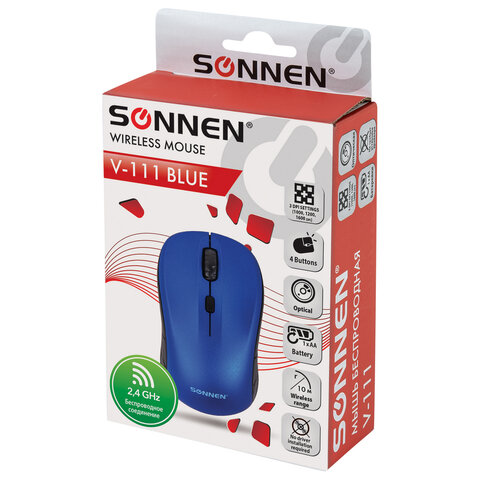 Мышь беспроводная SONNEN V-111, USB, 800/1200/1600 dpi, 4 кнопки, оптическая, синяя