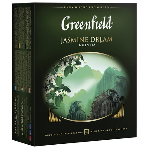 Чай GREENFIELD "Jasmine Dream" (Жасминовый сон), зеленый с жасмином, 100 пакетиков в конвертах по 2 