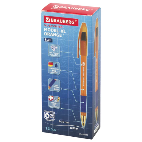Ручка шариковая масляная с грипом BRAUBERG Model-XL ORANGE, СИНЯЯ, узел 0,7 мм, линия 0,35 мм