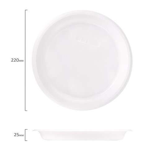 Одноразовые тарелки плоские, КОМПЛЕКТ 100 шт., пластик, d=220 мм, СТАНДАРТ, белые, ПП, холодное/горя