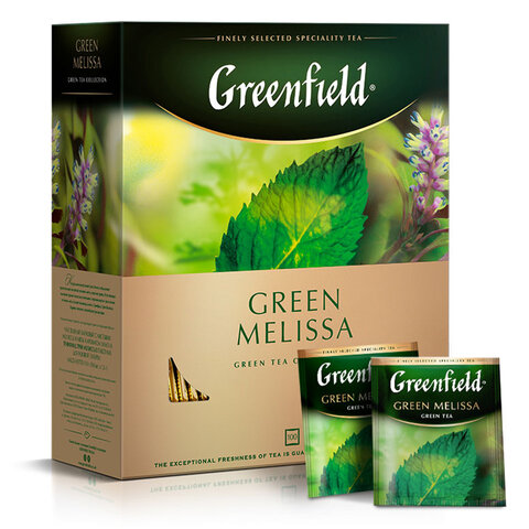 Чай GREENFIELD "Green Melissa" зеленый с мятой и мелиссой, 100 пакетиков в конвертах по 1,5 г