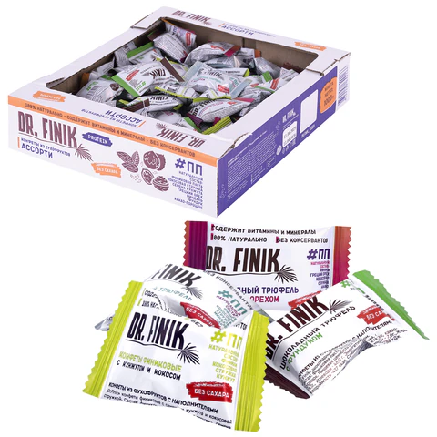 Конфеты финиковые DR.FINIK ассорти (фундук, миндаль, грецкий орех, кунжут), без сахара