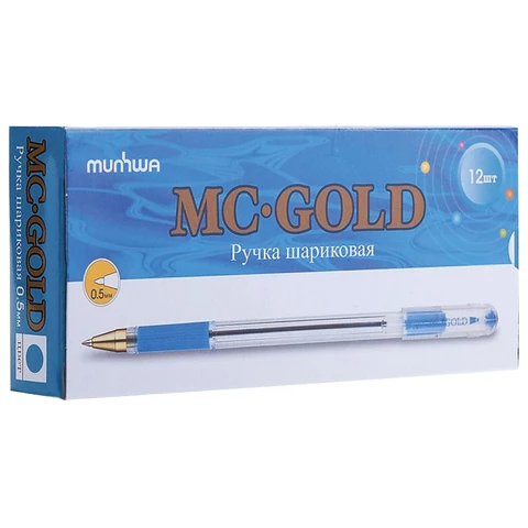 Ручка шариковая масляная с грипом MUNHWA "MC Gold", СИНЯЯ, корпус прозрачный, узел 0,5 мм