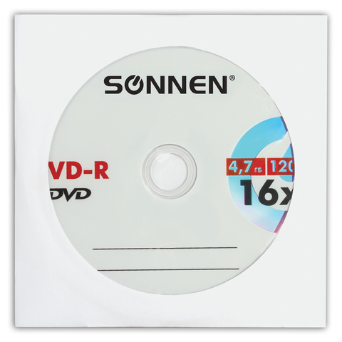 Диск DVD-R SONNEN, 4,7 Gb, 16x, бумажный конверт (1 штука)