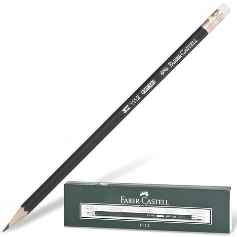 Карандаш чернографитный FABER-CASTELL, 1 шт., "1112", НВ, с ластиком, корпус черный