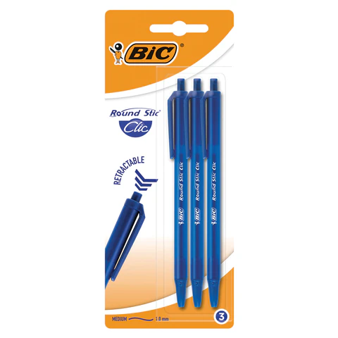 Ручки шариковые автоматические BIC "Round Stic Clic", НАБОР 3 шт., СИНИЕ, линия письма 0,32 мм
