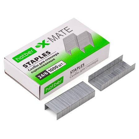 Скобы №24/6 Hatber X-Mate оцинкованные, до 30л, 1000шт (1уп/10наб)
