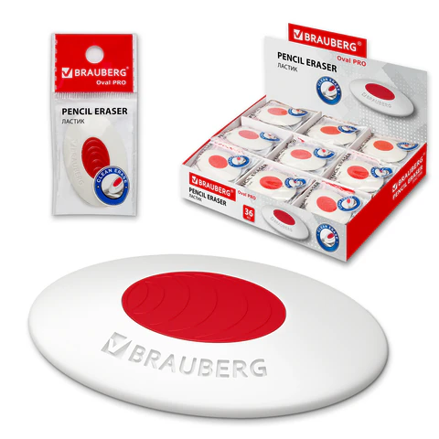 Ластик BRAUBERG "Oval PRO", 40*26*8мм, овальный, красный пластиковый держатель