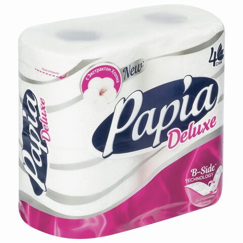 Бумага туалетная быт., спайка 4 шт., 4-слойная (4х16 м), PAPIA DELUXE, белая