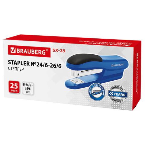 Степлер №24/6, 26/6 BRAUBERG "SX-39", до 25 листов, синий