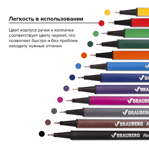 Набор капиллярных ручек (линеров) BRAUBERG 12 шт., АССОРТИ, "Aero", трехгранные, металлический након