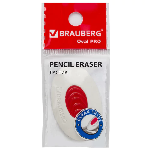 Ластик BRAUBERG "Oval PRO", 40*26*8мм, овальный, красный пластиковый держатель