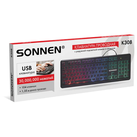 Клавиатура проводная USB, 104 плоские клавиши, LED-подсветка, SONNEN K308, черная