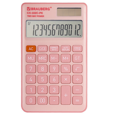 Калькулятор карманный BRAUBERG CX-102C-PK (76x126мм), 12 разрядов, двойное питание, РОЗОВЫЙ