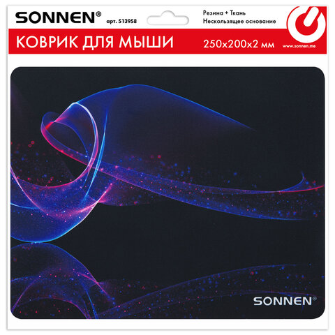Коврик для мыши SONNEN "NEON WAVE" резина + ткань, 250х200х2 мм