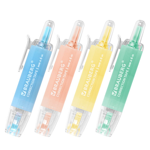 Корректирующая лента BRAUBERG PASTEL 360, 5 мм х 6 м, ассорти, автоматическая, блистер