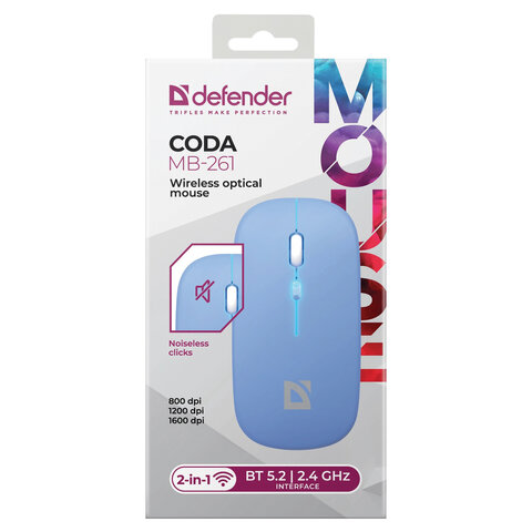Мышь беспроводная DEFENDER Coda MB-261, 2.4 ГГц + BT, радужная подсветка, 3 кнопки + 1 колесо, 300 м