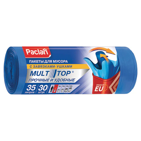 Мешки для мусора, 35 л, с ушками, синие, рулон 30 шт., ПНД, 10,5 мкм, 50х64 см, PACLAN "Multitop"