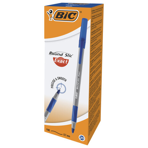 Ручка шариковая с грипом BIC "Round Stic Exact", СИНЯЯ, корпус серый, узел 0,7 мм, линия письма 0,3