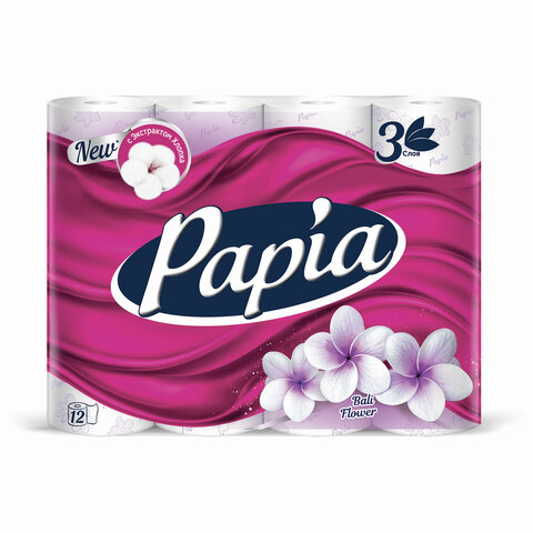 Туалетная бумага, 12 рул., 3-сл. (12х16,8 м), PAPIA, Балийский цветок